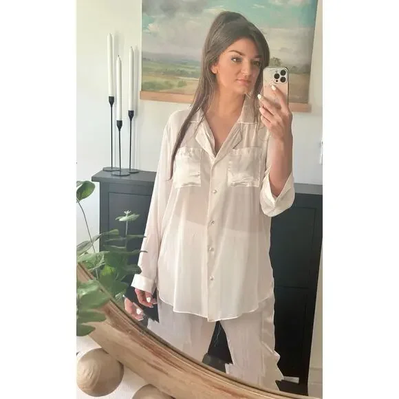 Vintage Dentelle Size Large Pale Pink Silky Satin Chiffon Pajama Set Lingerie - Picture 7 of 14